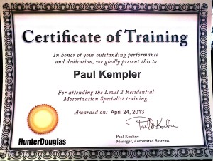 Certificate of Completion- Hunter Douglas Residential Motorization Specialist Training